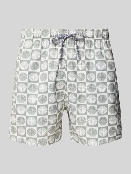 Produktfoto, Badehose im Allover-Look Modell 'Ilfracombe' von BOARDIES, hellgraue und weiße Muster, elastischer Bund, Tunnelzug, glatte Textur