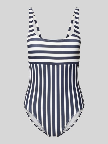 Produktfoto, Badeanzug mit tiefem Rundhalsausschnitt von Michael Kors, dunkelblau-weiß gestreift, elastischer Material-Mix, wattierte Cups, verstellbare Träger, Label-Detail auf der Rückseite.