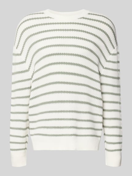 Produktfoto, Strickpullover mit Rundhalsausschnitt von ARMANI EXCHANGE in Weiß mit grünen Streifen, reine Baumwolle, relaxed Fit