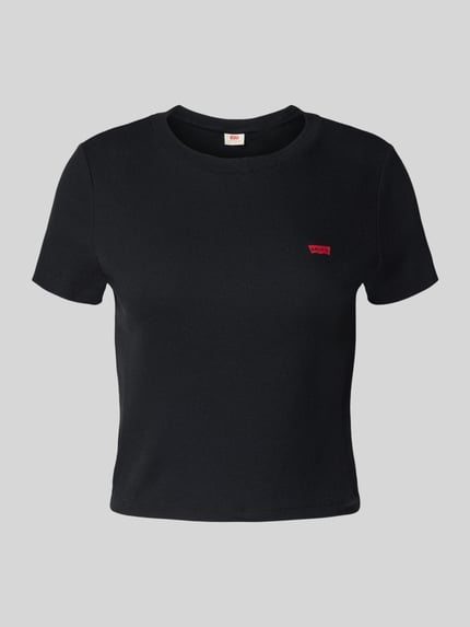 Cropped T-Shirt in Ripp-Optik mit Label-Stitching Shop The Look MANNEQUINE