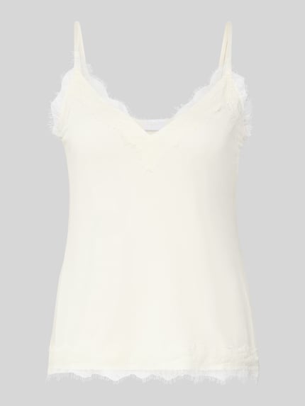 Produktfoto, Spitzentop mit V-Ausschnitt von Jake*s Collection in Creme, Spitze, Material-Mix mit Stretch-Anteil, Straight Fit, Rückenlänge 35 cm bei Größe S