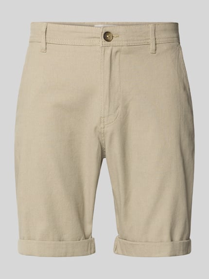 Produktfoto, Slim Fit Chinoshorts aus Baumwoll-Mix Modell 'LUTON' von SELECTED HOMME, beżowy kolor, gładka tkanina, szlufki na pasek, kieszenie boczne i z tyłu na guzik, drobno tkana faktura, unifarbene optyka, krój slim fit