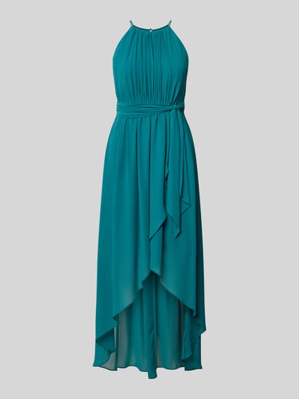 Produktfoto, Maxikleid in plooien-look van Jake*s Cocktail, turquoise, met afneembare stoffen band, getailleerde pasvorm, dames avondjurk, mouwloos design, met onderrok, ruglengte maat 36 140 cm, borstwijdte 32 cm