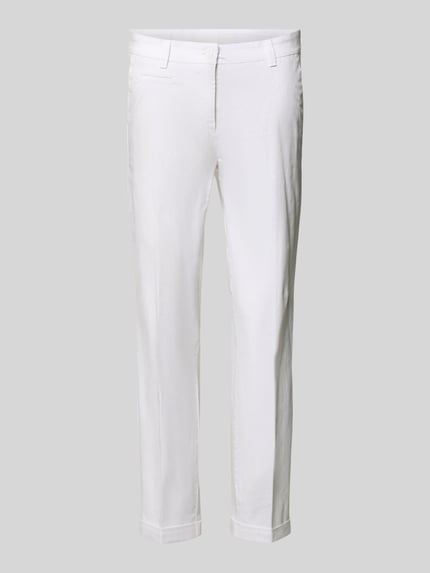 Produktfoto, białe jeansy Slim Fit Jeans mit fixierten Beinabschlüssen Modell 'Stella' von Cambio, elastyczna mieszanka bawełny, kieszeń z tyłu, kieszonka na monety, zapięcie na guzik i zamek błyskawiczny, szerokość w rozmiarze 36: 41 cm, długość wewnętrzna nogawki w rozmiarze 36: 69 cm