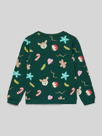 Meisje draagt Sweatshirt met Motief-Print van Blue Seven in donkergroen met kleurrijke motiefprint, puur katoen, los model, ribboorden, ronde hals, rugaanzicht.