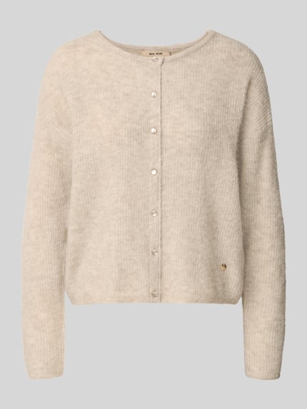 Produktfoto, Regular Fit Strickjacke aus Woll-Alpaka-Mix Modell 'Almine' von MOS MOSH in Beige, weiche Textur, durchgehende Knopfleiste, Label-Emblem, Damen Strickjacke, Langarm, Rückenlänge 51 cm, Ärmellänge 63 cm