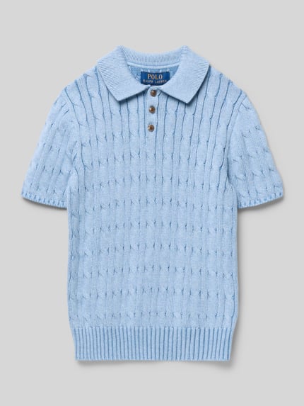 Produktfoto, Regular Fit Poloshirt in Rippstrick-Optik von Polo Ralph Lauren Teens, Optik: Unifarben, Passform: Regular-Fit, Kragenform: Polokragen, Verschluss: 2-Knopf-Verschluss, Ärmelform: Kurzarm, Material: Reine Baumwolle, hellblau, feiner Strick mit gerippter Struktur