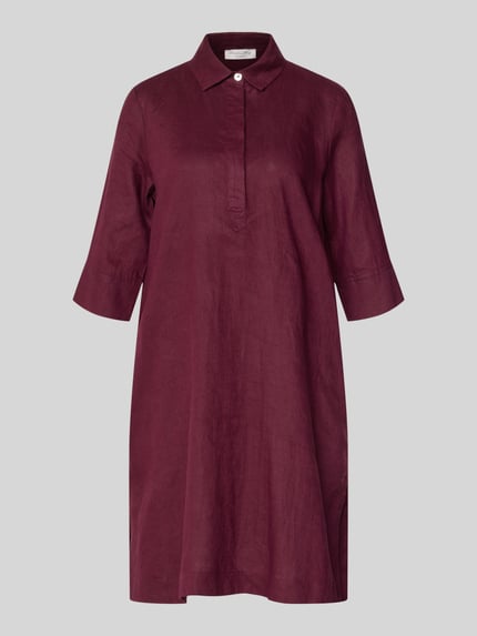 Produktfoto, knielanges Hemdblusenkleid aus Leinen mit 3/4-Arm von Christian Berg Woman, bordeauxrot, A-Linie, verdeckte Knopfleiste, strukturierte Textur