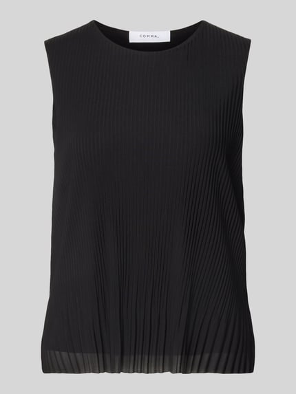 Produktfoto, schwarzes Blusentop in Ripp-Optik von COMMA, ärmellos, Rundhalsausschnitt, lockere Passform, Rückenlänge 55 cm, Damenmode