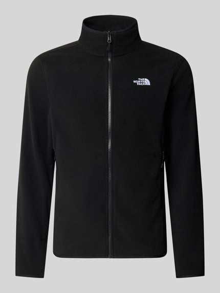 Produktfoto, schwarze Fleecejacke mit Reißverschluss Modell 'GLACI' von The North Face, taillierte Passform, weiche Textur, seitliche Reißverschlusstaschen, Label-Stitching, Rückenlänge 66 cm, Ärmellänge 68 cm