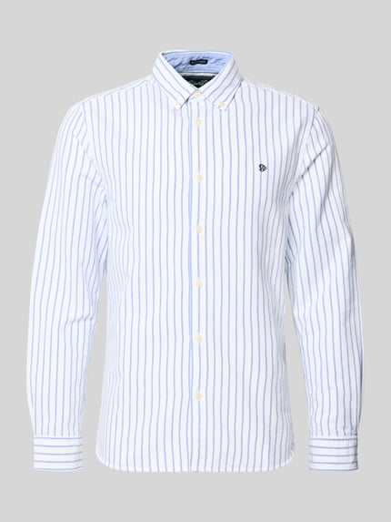 Produktfoto, Regular Fit Freizeithemd mit Logo-Stitching von Superdry aus reiner Baumwolle mit blauen Streifen, weiße Knöpfe, Vorderansicht