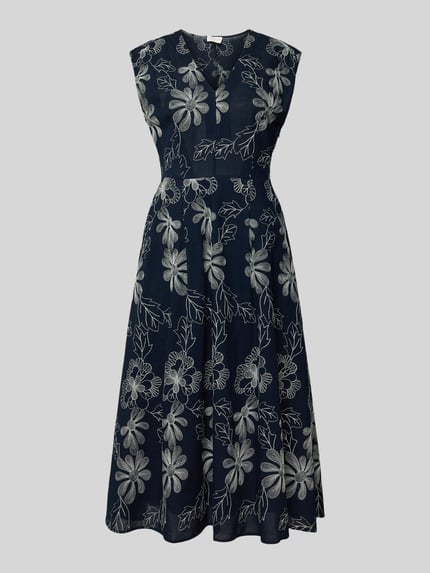 Produktfoto, Midikleid mit Stitchings und Eingrifftaschen von Milano Italy, dunkelblauer Baumwoll-Mix, V-Ausschnitt, A-Linie, florales Muster
