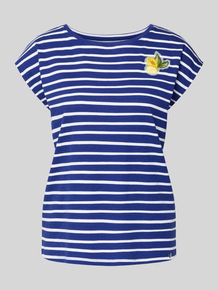 Produktfoto, T-shirt met motiefstitching en ronde hals van Marc Cain, mix van katoen en elastaan, regular fit, ruglengte maat 36: 52 cm, dames t-shirt, blauw-wit gestreept, opvallend geel motief op borst, gladde textuur