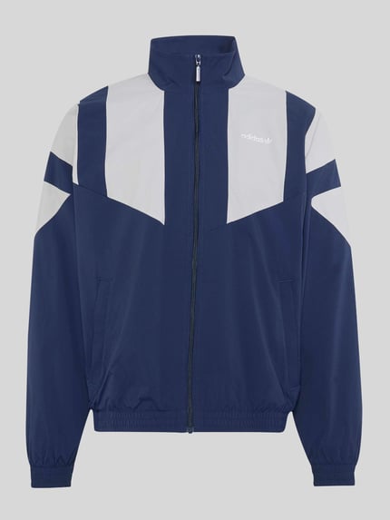 Produktfoto, Relaxed Fit Sweatjacke mit Label-Stitching von adidas Originals in Dunkelblau und Weiß, strukturierte Stoffoberfläche