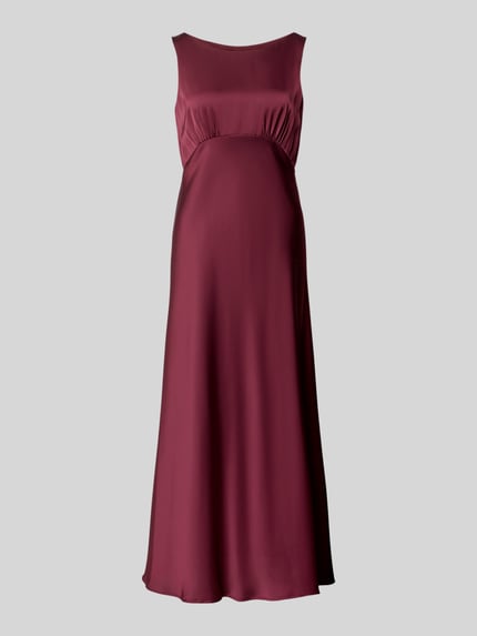 Produktfoto, Cocktailkleid aus Satin mit Rundhalsausschnitt von V by Vera Mont in Dunkelrot, A-Linie, Maxikleid, Rückenlänge 137 cm, Brustweite 41 cm, Größe 36, strukturierter Satin-Look