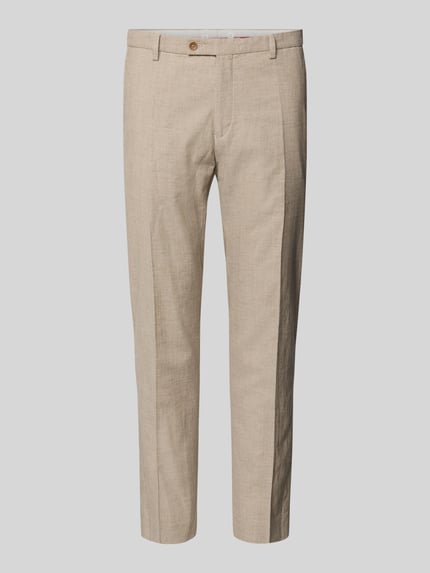 Produktfoto, Slim Fit Anzughose in melierter Optik Modell 'Paco' von CG Club of Gents aus Baumwollmischung mit Schurwoll-Anteil, beige, Knopf- und Reißverschluss, französische Eingrifftaschen, Leistentaschen, Bügelfalten, glatte Textur, Bundweite 43 cm, Innenbeinlänge 81 cm.