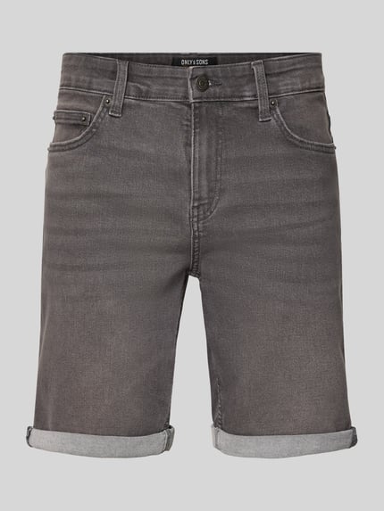 Produktfoto, Regular Fit Bermudas aus Baumwoll-Mix mit Viskose-Anteil Modell 'PLY' von Only & Sons, denim, krój regular fit, naszywka z logo, szlufki na pasek, zapięcie na guzik i ukryty zamek błyskawiczny, 5 kieszeni, splot twill, mieszanka bawełny i wiskozy, kolor szary, wykończenie przypominające denim