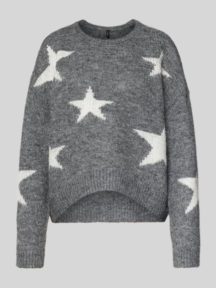 Produktfoto, Oversized Strickpullover mit Woll-Anteil Modell 'AZU' von Only in Optik: Unifarben mit Sternenmuster, Label-Stitching-Applikation, gerippte Ärmel- und Rumpfabschlüsse, asymmetrischer Schnitt, Materialverarbeitung: Strick