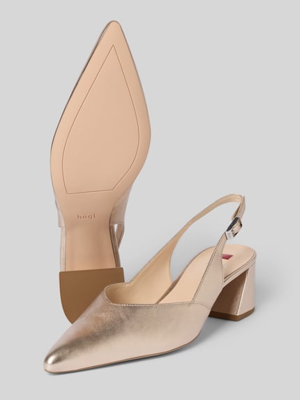 Produktfoto, Pumps aus echtem Leder mit offener Ferse von Högl in Metallic-Ton, spitze Passform, glatte Sohle, Absatzhöhe 5 cm, Schaftweite 6 cm.
