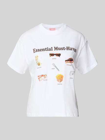 Productfoto, wit T-shirt met Motiv-Print Modell 'COLLAGE' van JIXX, relaxed fit, ronde hals, zuivere katoen, dames, 56 cm ruglengte, kleurrijke print