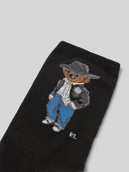 Produktfoto, Socken mit Bärenmotiv von POLO RALPH LAUREN, mehrfarbiges Motiv-Print auf schwarzem Jersey, Logo-Detail, glatte Textur