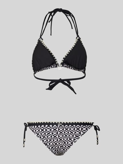 Produktfoto, Bikini mit Neckholder Modell 'BLUCOSTORA' von Banana Moon, schwarz-weiß gemustert, Material-Mix mit Stretch-Anteil, körpernaher Schnitt, Label-Detail, Schnürverschluss