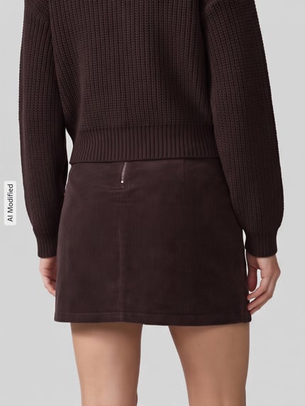 Vrouwenmodel draagt lichaamssluitende minirok uit katoenmix model 'LULA' van VERO MODA in donkerbruin, volledig van achteren, KI-modificeerd beeld