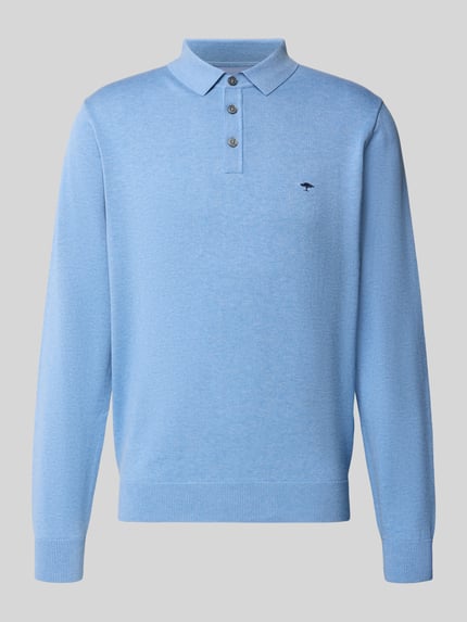 Produktfoto, hellblauer Strickpullover mit Polokragen und Knopfleiste von Fynch-Hatton, reine Baumwolle, Regular Fit, dezentes Label-Stitching, strukturierte Oberfläche