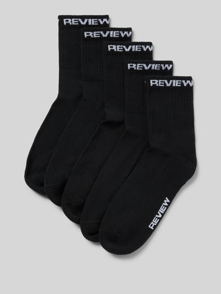 Produktfoto, zwarte Socken aus elastischem katoenmix met labelstitching van REVIEW, elastische boordjes, set van 5, labeldetail