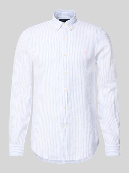 Produktfoto, Slim Fit Freizeithemd aus reinem Leinen von Polo Ralph Lauren, mehrfarbig, gestreift, Knopfleiste, Button-Down-Kragen, Logo-Detail, Flammgarn-Struktur
