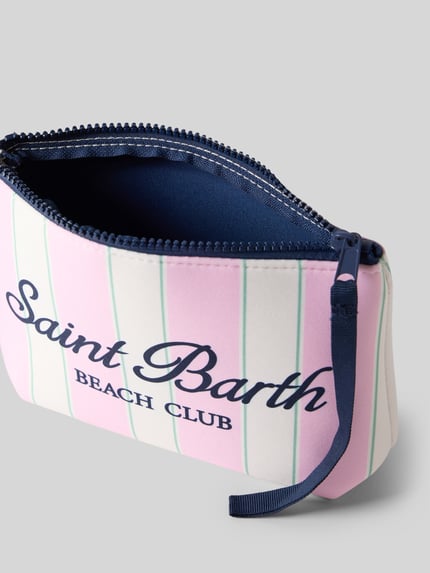 Produktfoto, Kosmetiktasche mit Label- und Statement-Print Modell 'ALINE' von MC2 Saint Barth aus Material-Mix in Rosa, Grün und Blau, Hauptfach mit Reißverschluss.