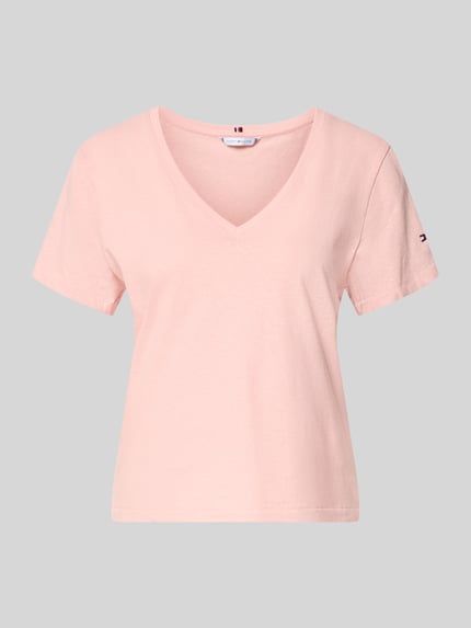 Productfoto, Regular Fit T-Shirt aus Baumwoll-Leinen-Mix van Tommy Hilfiger, lichtroze, effen, korte mouw, V-hals, logo-stiksel