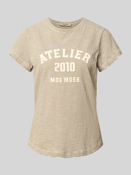 Produktfoto, Regular Fit T-shirt met logoprint model 'Camp' van MOS MOSH van puur katoen, beige met witte strepen, ronde hals, ruglengte maat S 62 cm