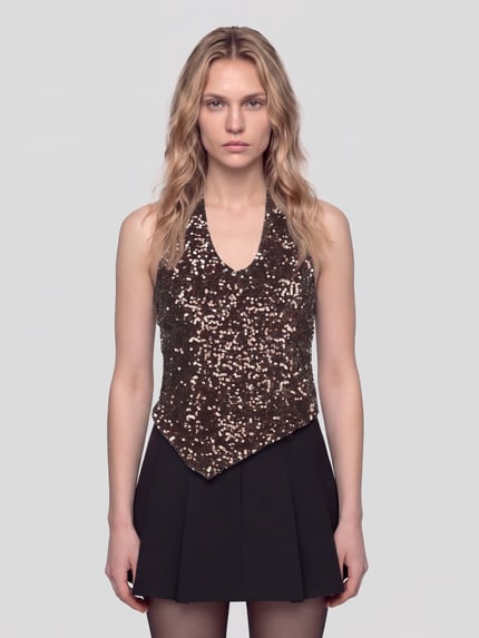 ONLY Top mit Pailletten asymmetrischem Saum Metallic Braun Melange 4