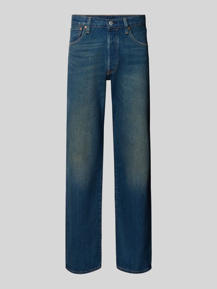Produktfoto, blaue Straight Fit Jeans aus reiner Baumwolle Modell '501®' von Levi's®, Herren Straight Fit Jeans, mittlere Waschung, glatte Textur