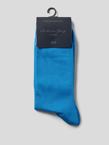Produktfoto, Socken mit Label-Print im 2er-Pack von Christian Berg Men in Blau, körpernaher Schnitt, gerippter Abschluss, Baumwoll-Mix