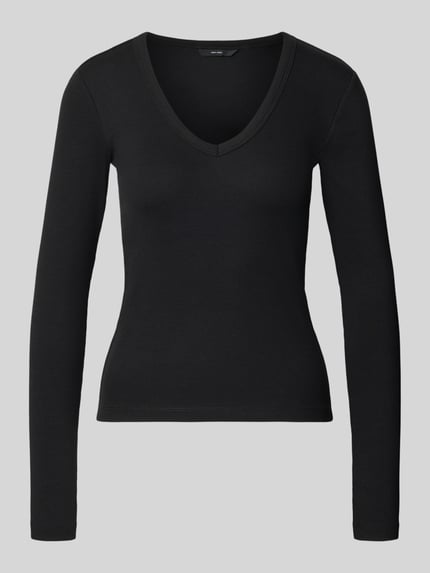 Produktfoto, schwarzes Slim Fit Langarmshirt aus Baumwoll-Mix Modell 'CHLOE' von VERO MODA, Damen Langarmshirt mit schlichter Struktur