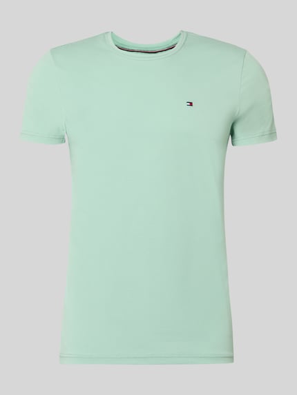 Productfoto, Slim Fit T-shirt uit katoenmix van Tommy Hilfiger, look: effen mintgroen, korte mouw, ronde hals, logodetail, stretchmateriaal
