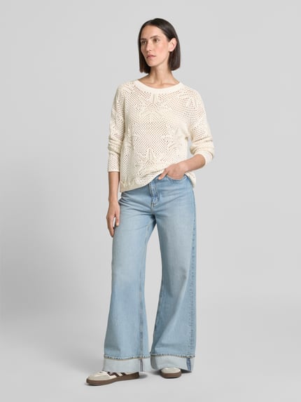 Oui Strickpullover mit geripptem Rundhalsausschnitt Offwhite 1