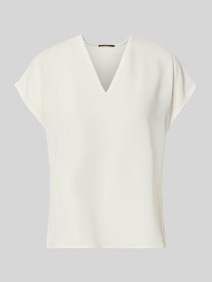 Produktfoto, Regular Fit Bluse mit V-hals van windsor., crèmekleur, rechte vormen, gladde textuur, dames T-shirt met kant, korte mouw, ruglengte maat 36: 60 cm