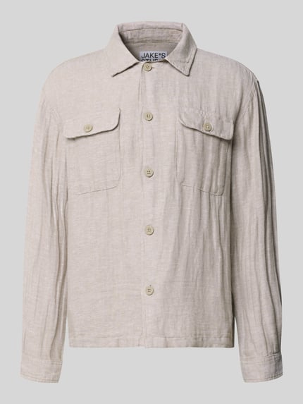 Produktfoto, Regular Fit Hemdjacke aus Leinen-Baumwoll-Mix von JAKE*S STUDIO MEN, helle beige Farbe, Kentkragen, sichtbare Brusttaschen, glatte Stoffstruktur