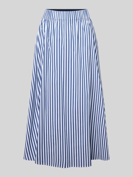 Produktfoto, Regular Fit Midirock mit elastischem Bund Modell 'Saskia' von JOOP!, gestreifter Baumwoll-Mix in Blau-Weiß, Damen Midirock, Bundweite 36 cm, Gesamtlänge 85 cm, klare Linien und glatte Textur