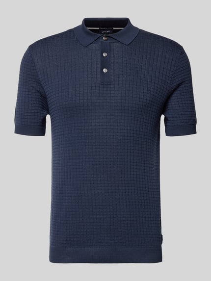 Produktfoto, Slim Fit Poloshirt in Strick-Optik Modell 'Vanceo' von JOOP! Collection, Reine Baumwolle, dunkelblau, kurzärmelig, strukturierte Oberfläche, Rückenlänge bei Größe M 72 cm