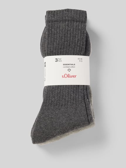 Produktfoto, Socken mit Stretch-Anteil im 3er-Pack von s.Oliver RED LABEL aus Baumwollmischung, Rippenbündchen, graue Farbtöne