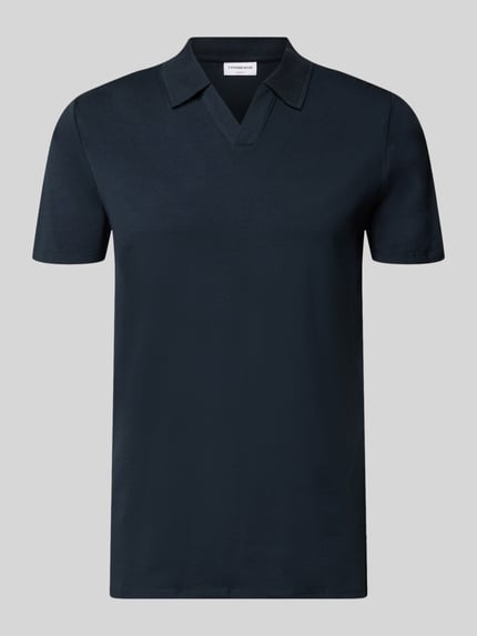 Productfoto, Slim Fit Poloshirt met V-hals van Lindbergh in donkerblauw, katoen-elastaanmix, polokraag, ruglengte maat M 68 cm