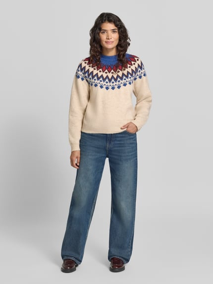 Jake*s Casual Pullover mit kontrastreichem Rundhals-Strickmuster Ecru 1