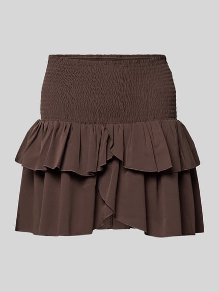 Productfoto, Minirok met volantzoom model 'Carin' van Neo Noir, A-lijn, elastische taille met smockdetails, effen bruin, zachte stof