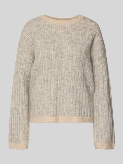 Produktfoto, Relaxed Fit Pullover aus Woll-Mix mit Alpaka-Anteil Modell 'FALVA' von Selected Femme, Optik: Allover-Muster, Strukturmuster, Rundhals, Langarm, gerippte Abschlüsse, Strick, Farbe: meliertes Beige.