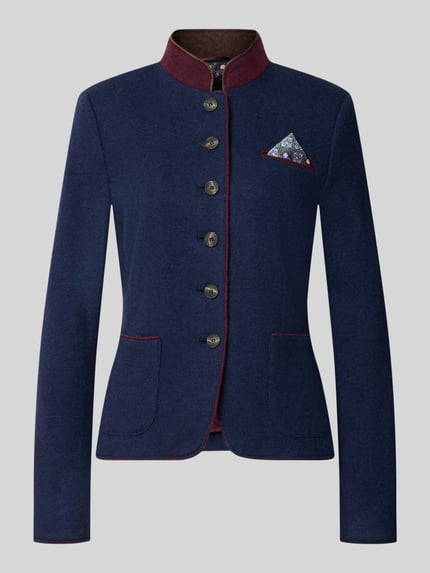 Productfoto, Blazer uit wolmix met pochet van White Label, donkerblauw met rode accenten, getailleerd, korte staande kraag, knoopsluiting, opgestikte zakken, borstzak, dames blazer, context: getailleerde snit, lengte 52 cm, borstwijdte 46 cm, mouwlengte 64 cm