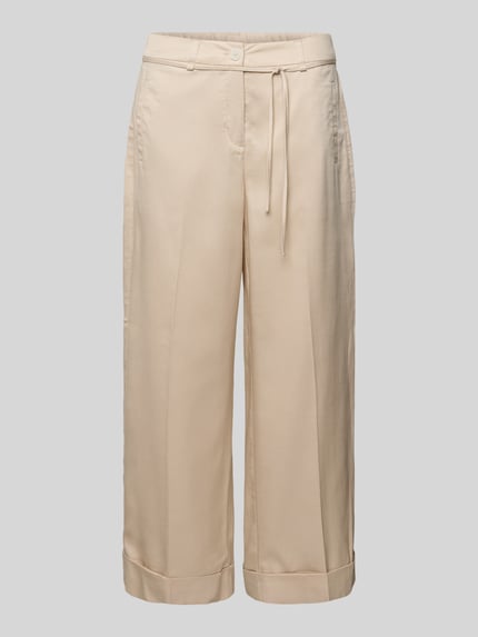 Produktfoto, Wide Leg Pants mit Bindegürtel Modell 'Meeri bloom' van OPUS in beige, lyocellmix met katoen, wide fit, geknoopte en ritssluiting, strikceintuur, steekzakken, vaste omslag aan de zoom, decoratieve achterzakken, bandwijdte maat 36: 40 cm, binnenbeenlengte maat 36: 68 cm